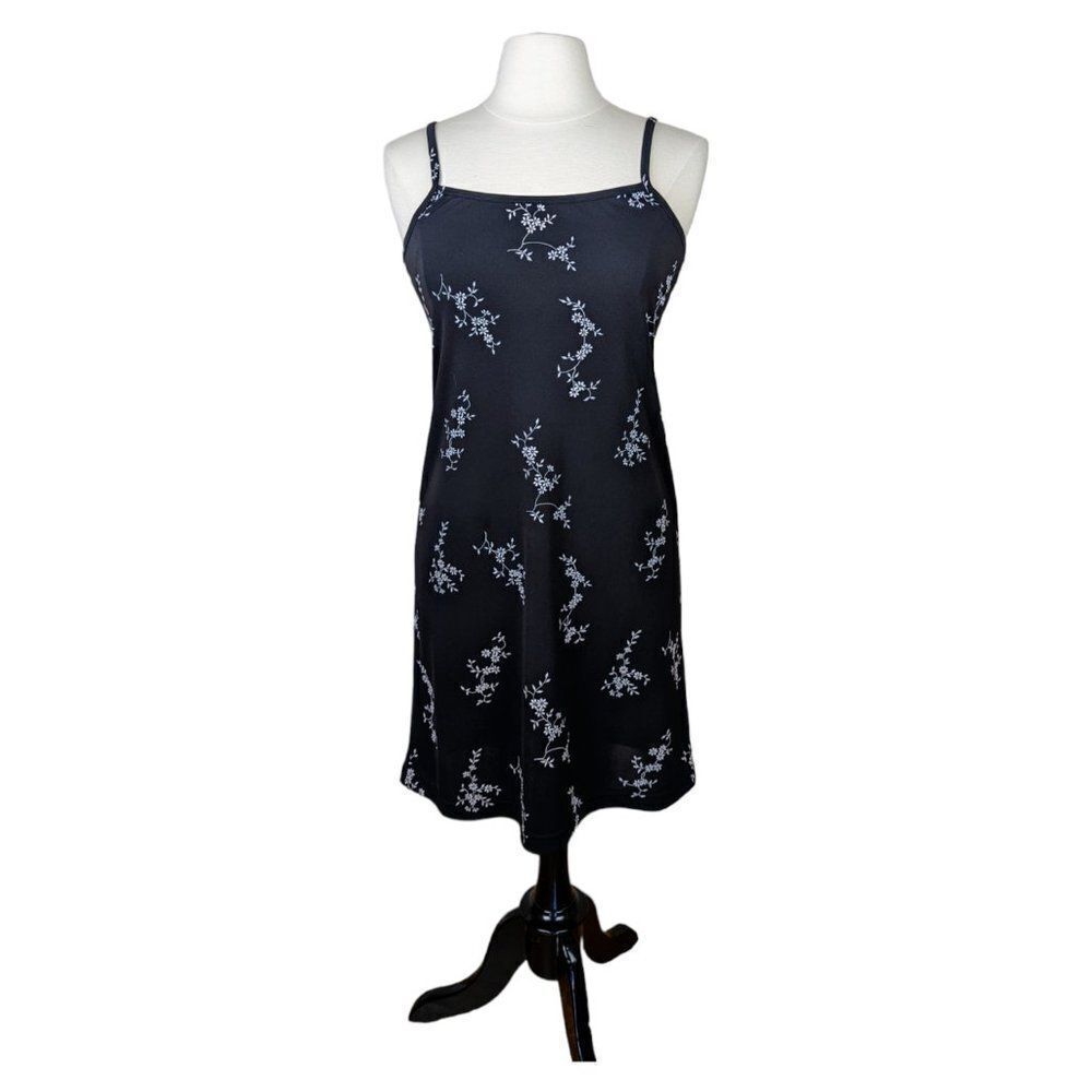 Vintage 1990s Black White Floral Slip Dress Spaghetti Strap Mini Stretchy Medium